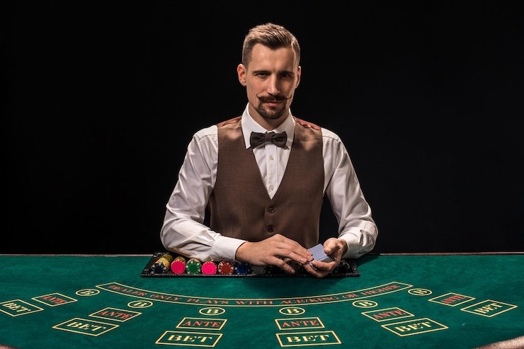 Dealer live casino sedang mengatur permainan baccarat dalam streaming real time